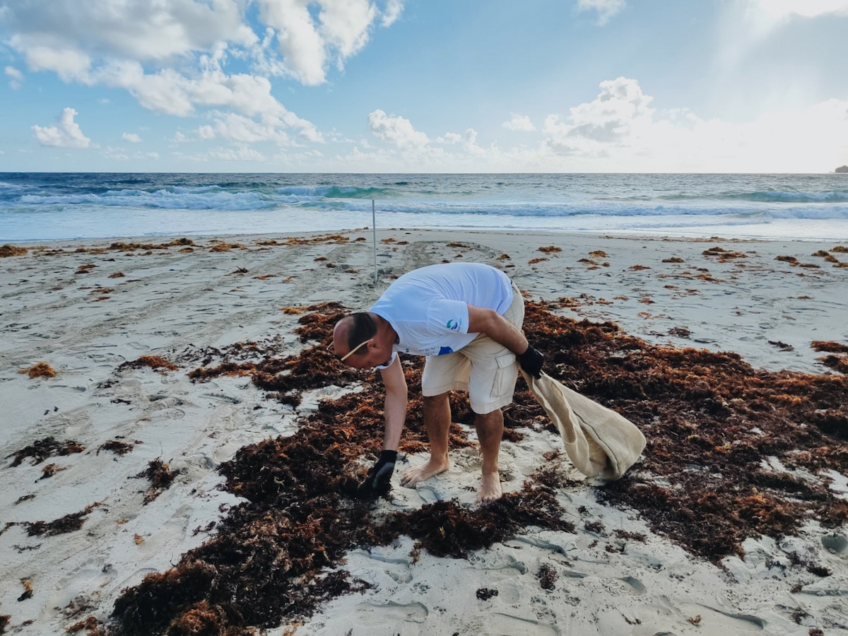 vlpf team member cleaning up a beach on sint maarten